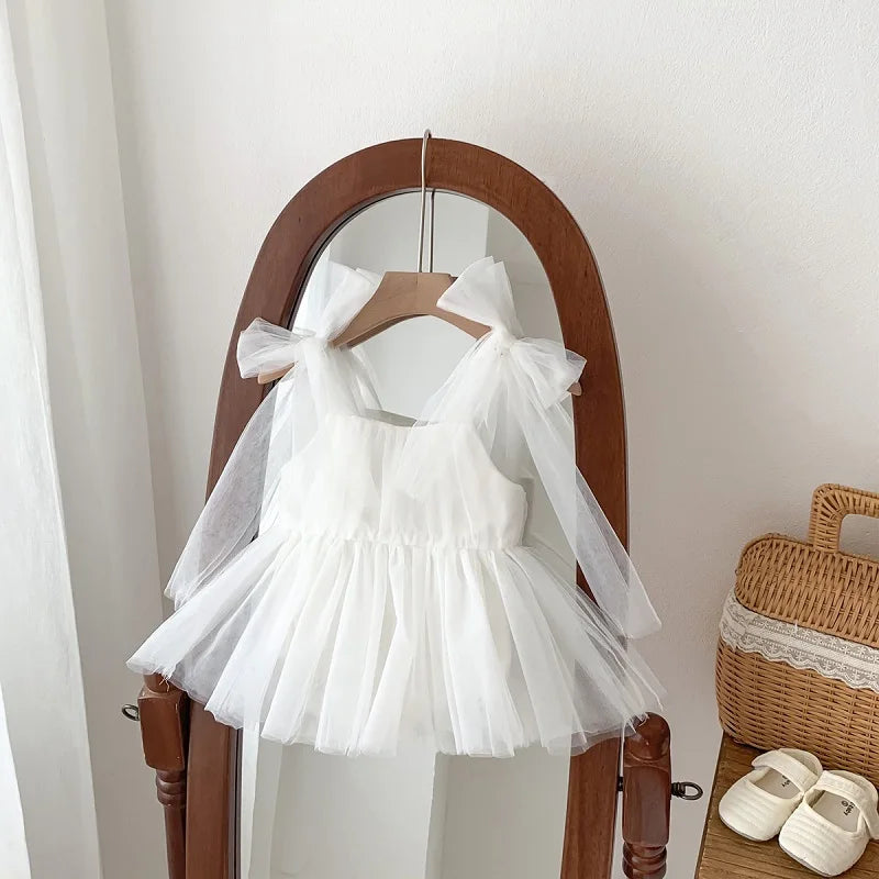Baby Girl Tulle Party Romper Dress | Bow Shoulder Princess Outfit