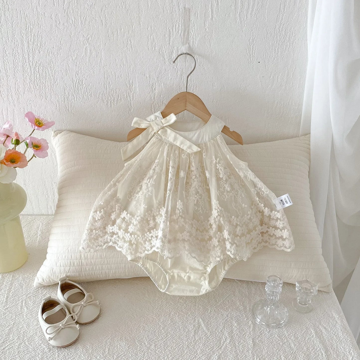Lace Embroidered Bow Romper Dress
