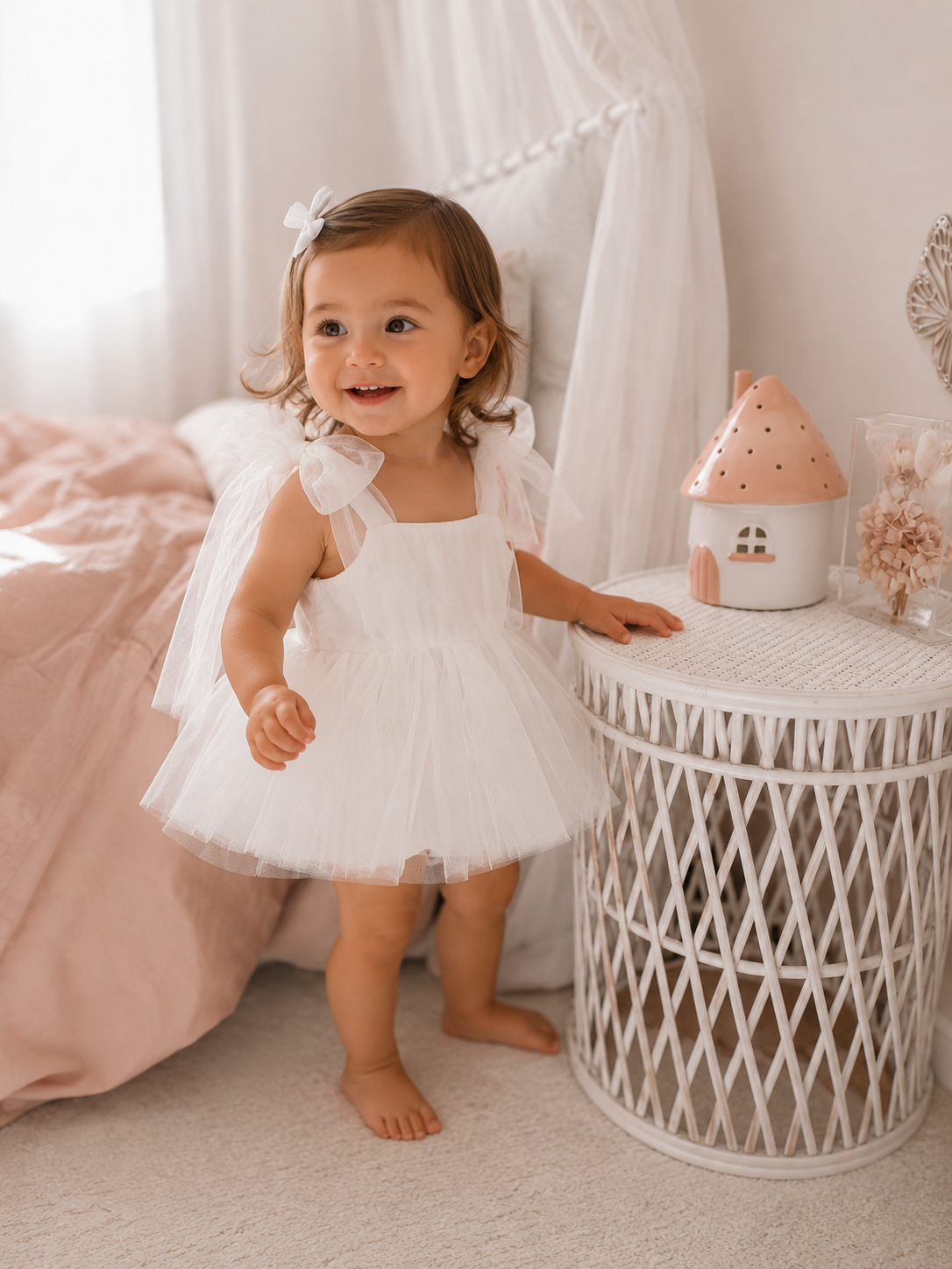 Baby Girl Tulle Party Romper Dress | Bow Shoulder Princess Outfit