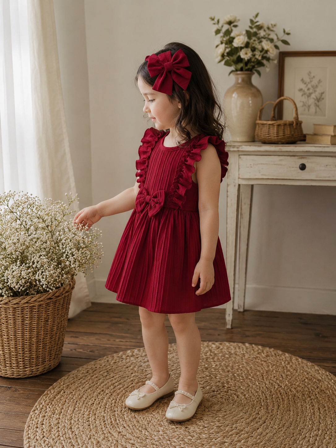 Scarlett Bow Pleated Baby Girl Dress & Headband Set