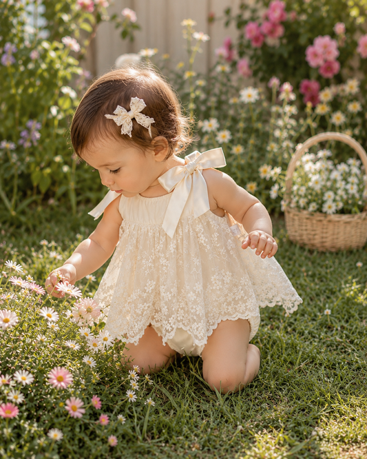 Lace Embroidered Bow Romper Dress