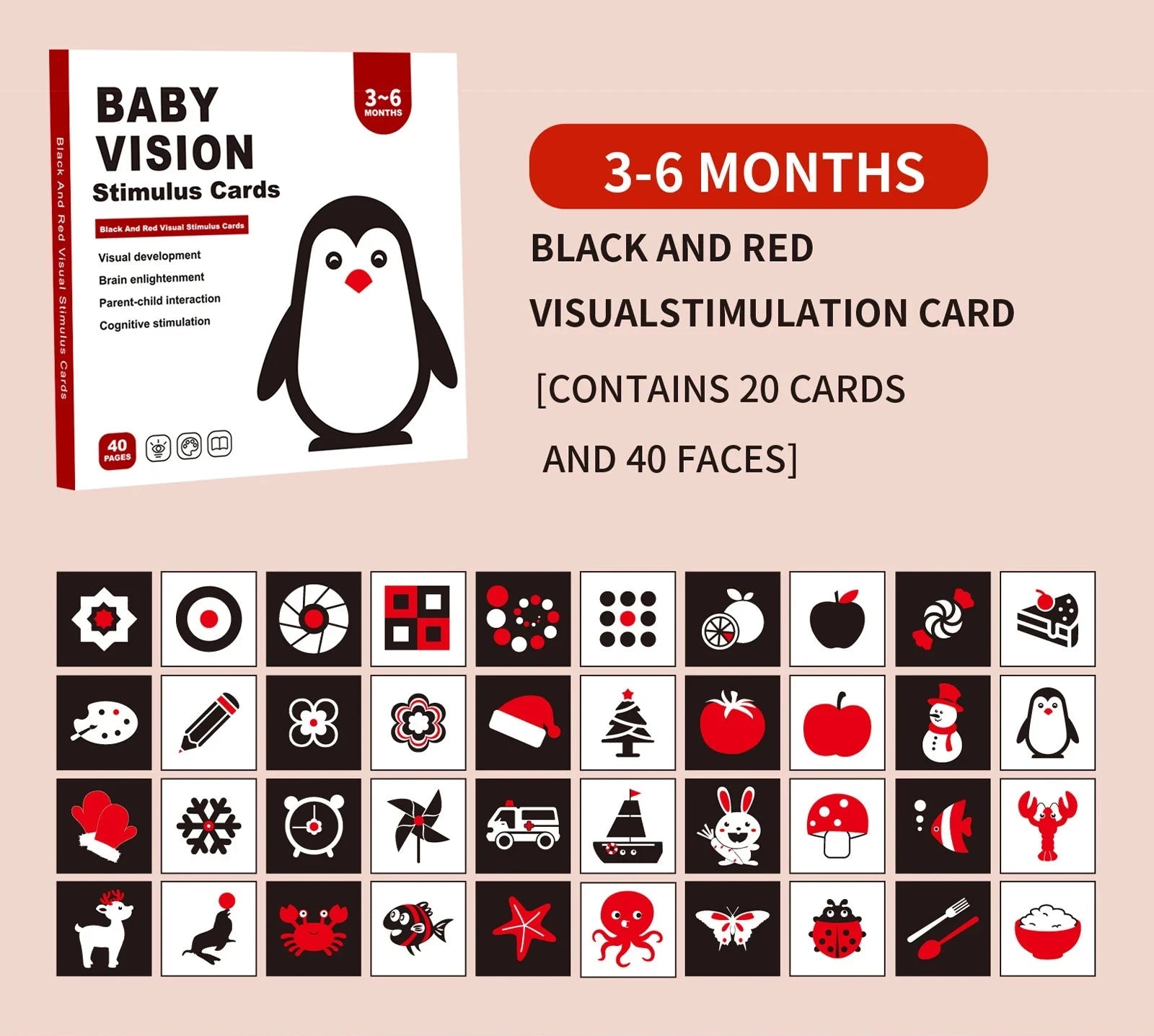 Baby vision stimulus card packaging with penguin illustration and visual examples on a beige background.