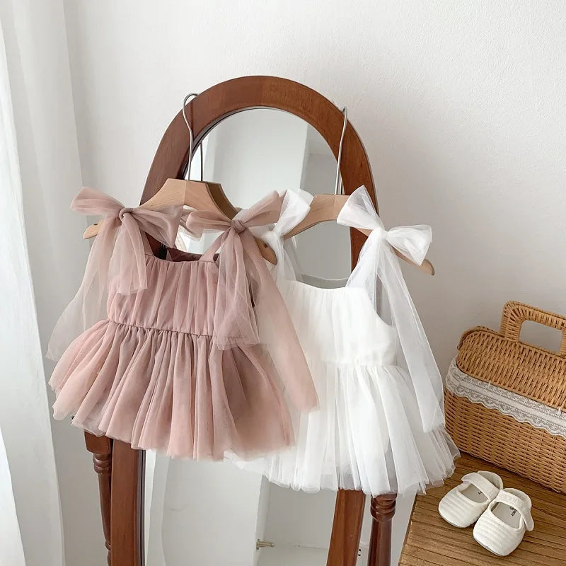 Baby Girl Tulle Party Romper Dress | Bow Shoulder Princess Outfit