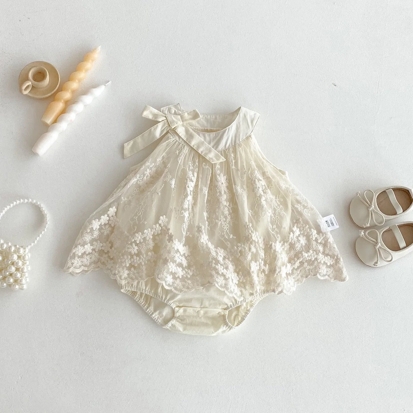 Lace Embroidered Bow Romper Dress