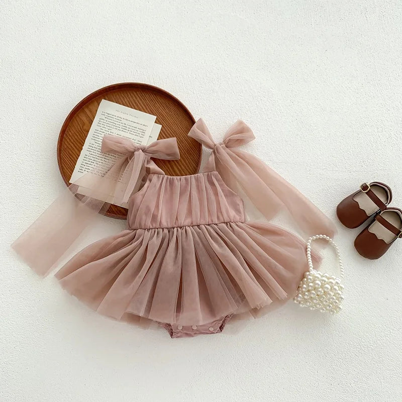 Baby Girl Tulle Party Romper Dress | Bow Shoulder Princess Outfit