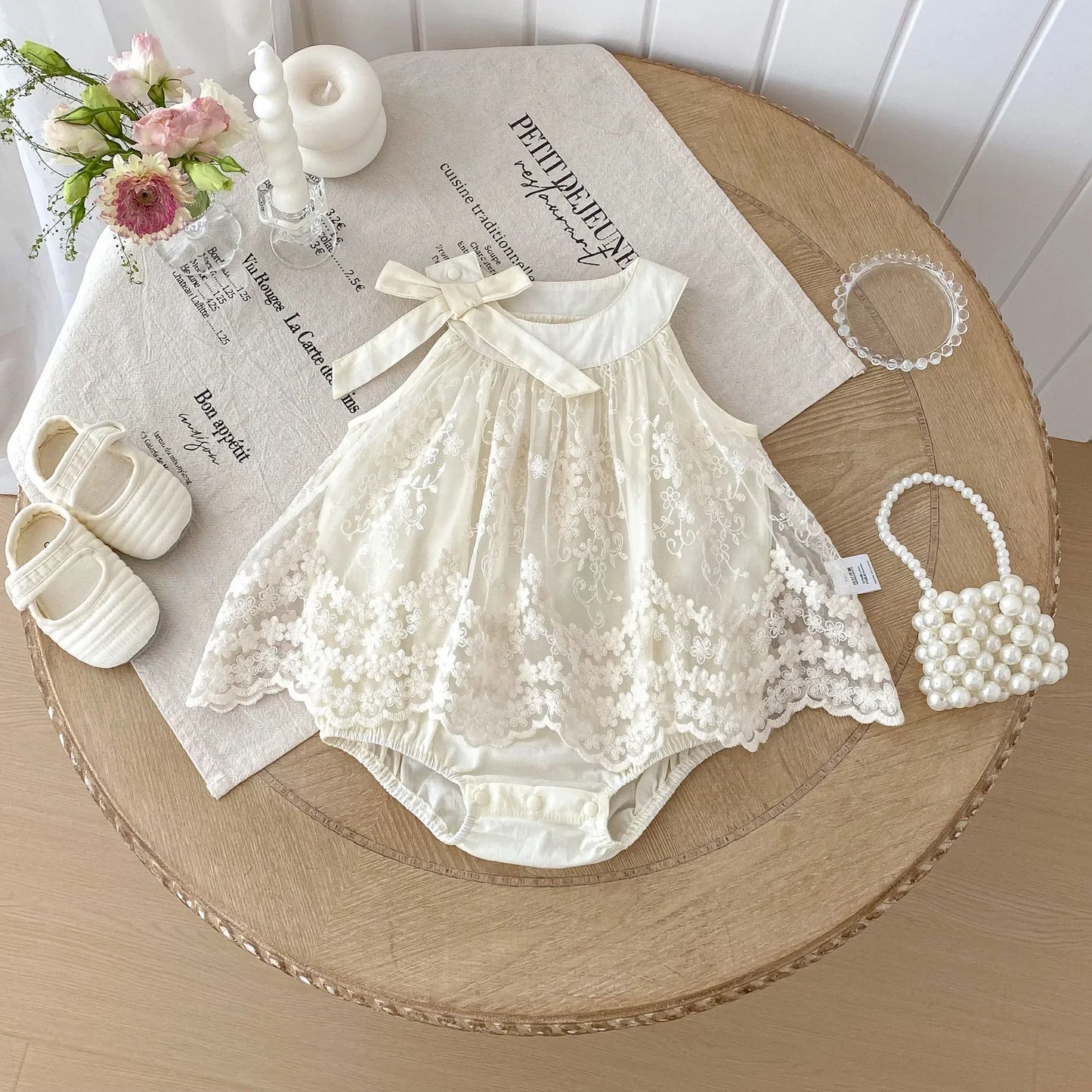 Lace Embroidered Bow Romper Dress