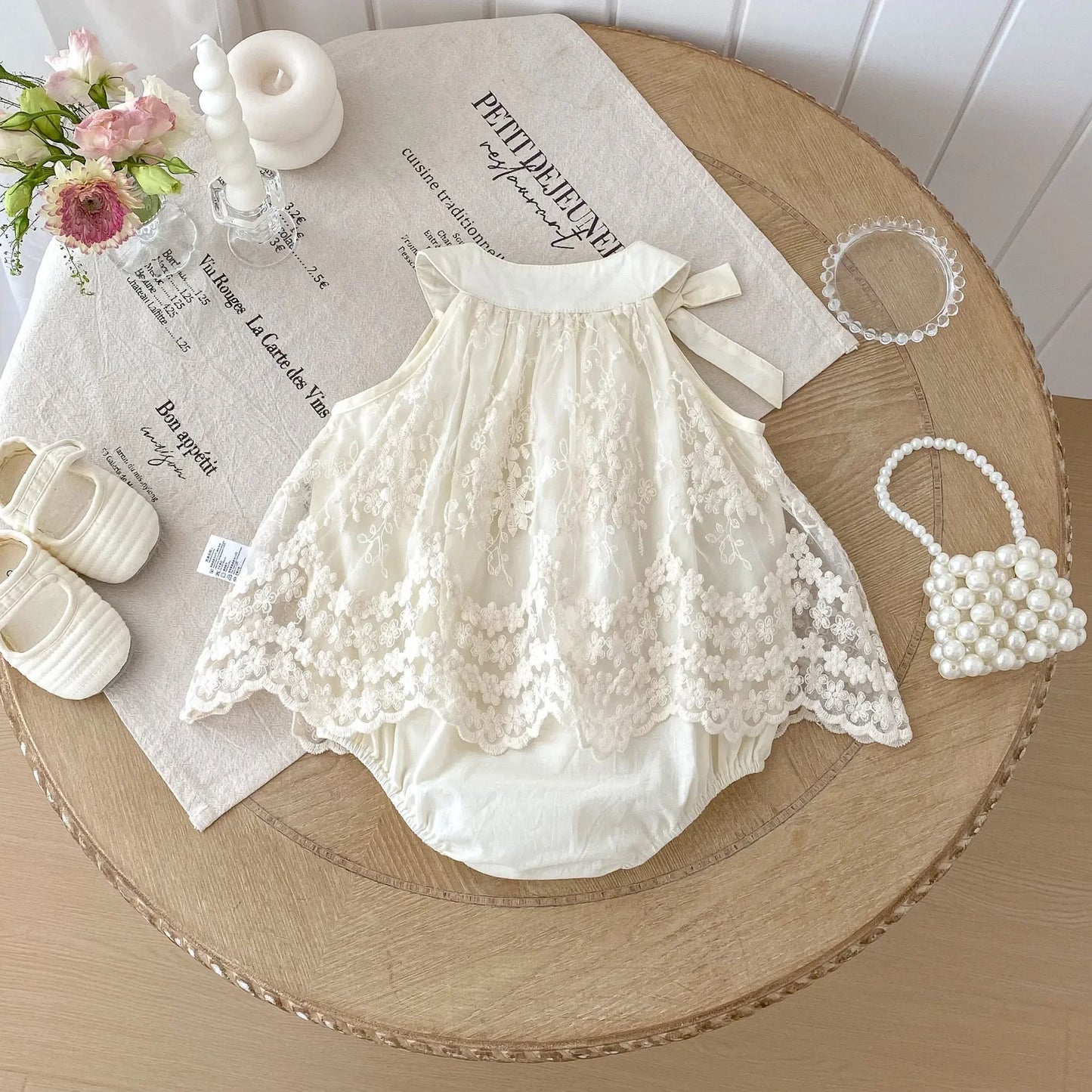 Lace Embroidered Bow Romper Dress