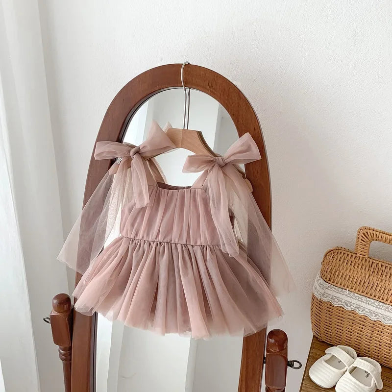 Baby Girl Tulle Party Romper Dress | Bow Shoulder Princess Outfit