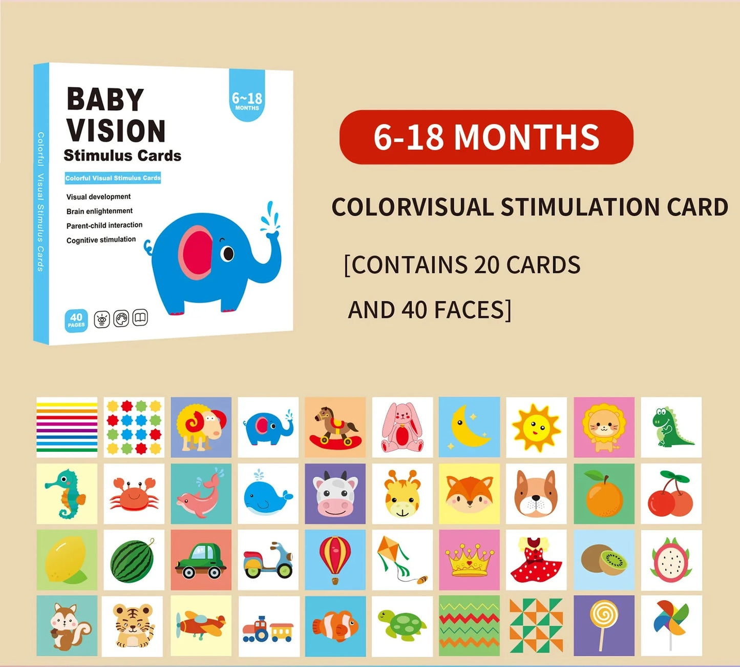 Baby vision stimulus cards with colorful illustrations on a beige background