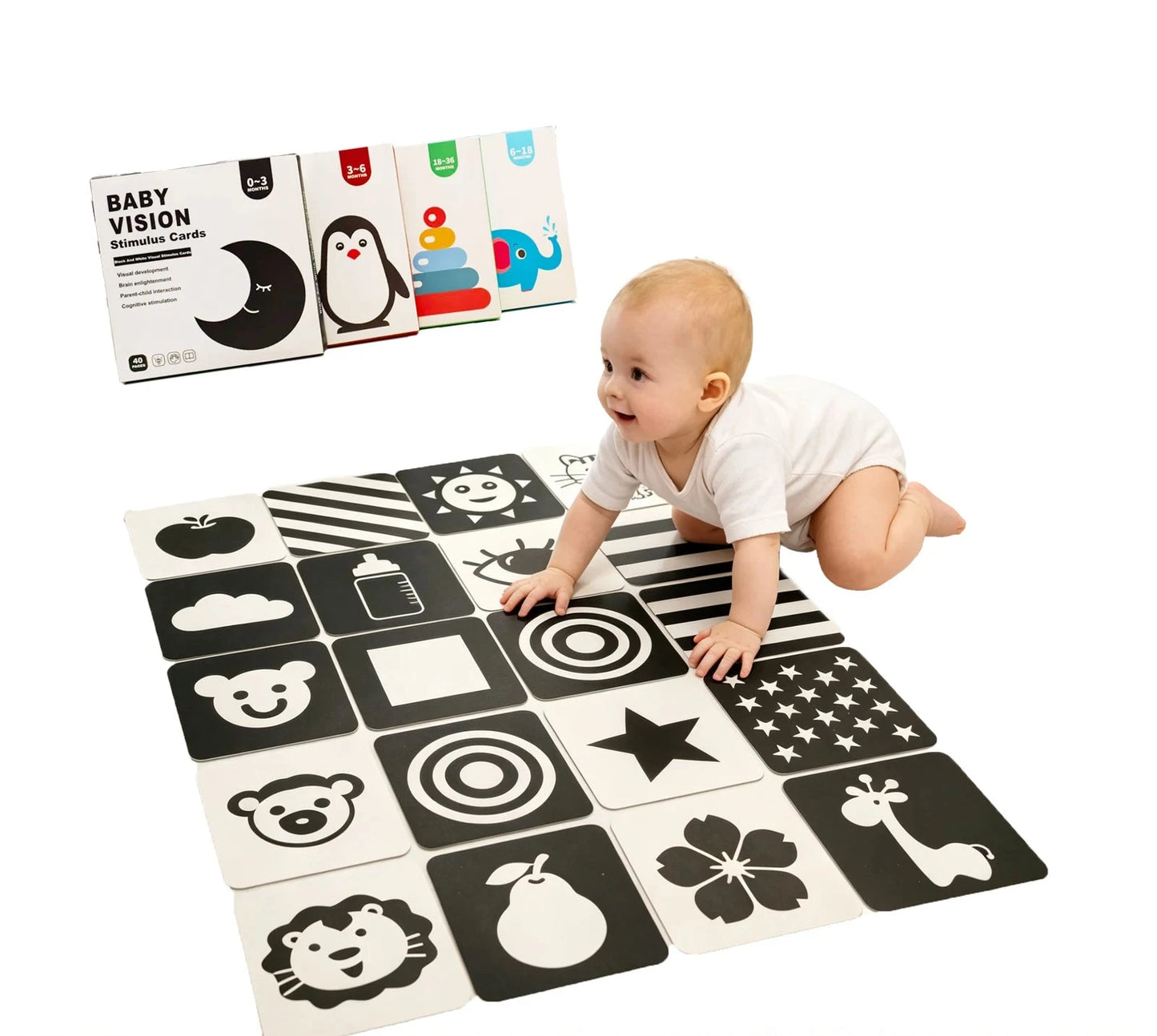 Baby playing on a learning mat with educational cards in the background