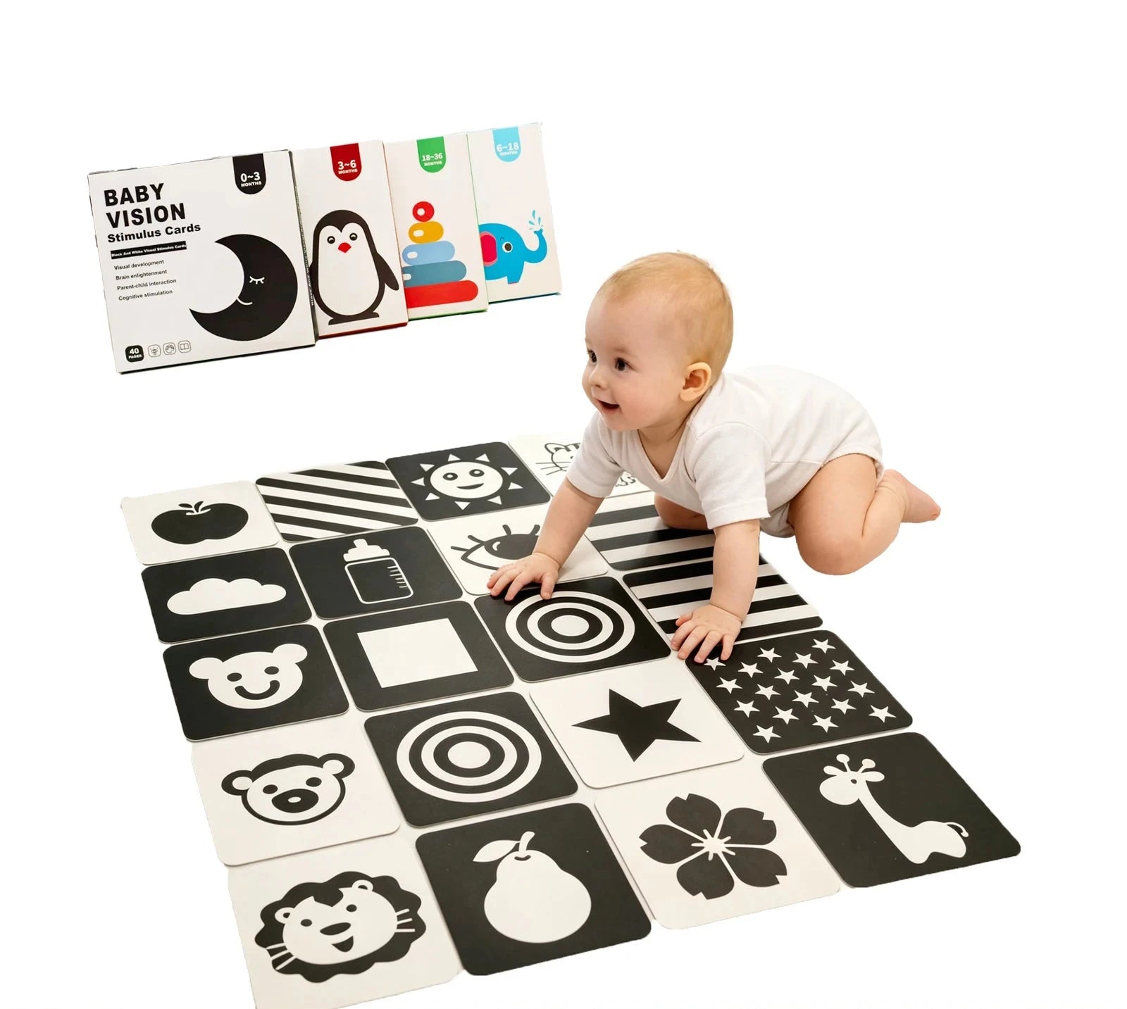 Baby playing on a learning mat with educational cards in the background