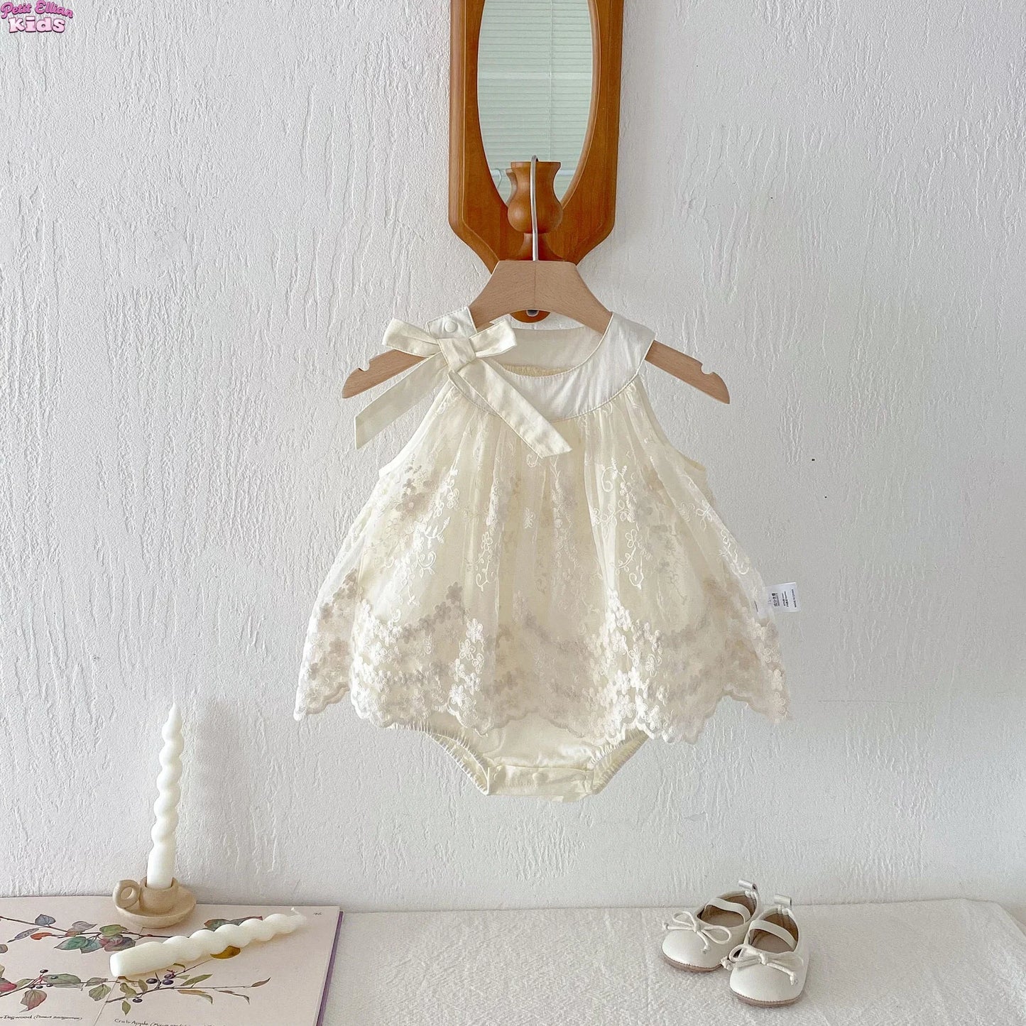 Lace Embroidered Bow Romper Dress