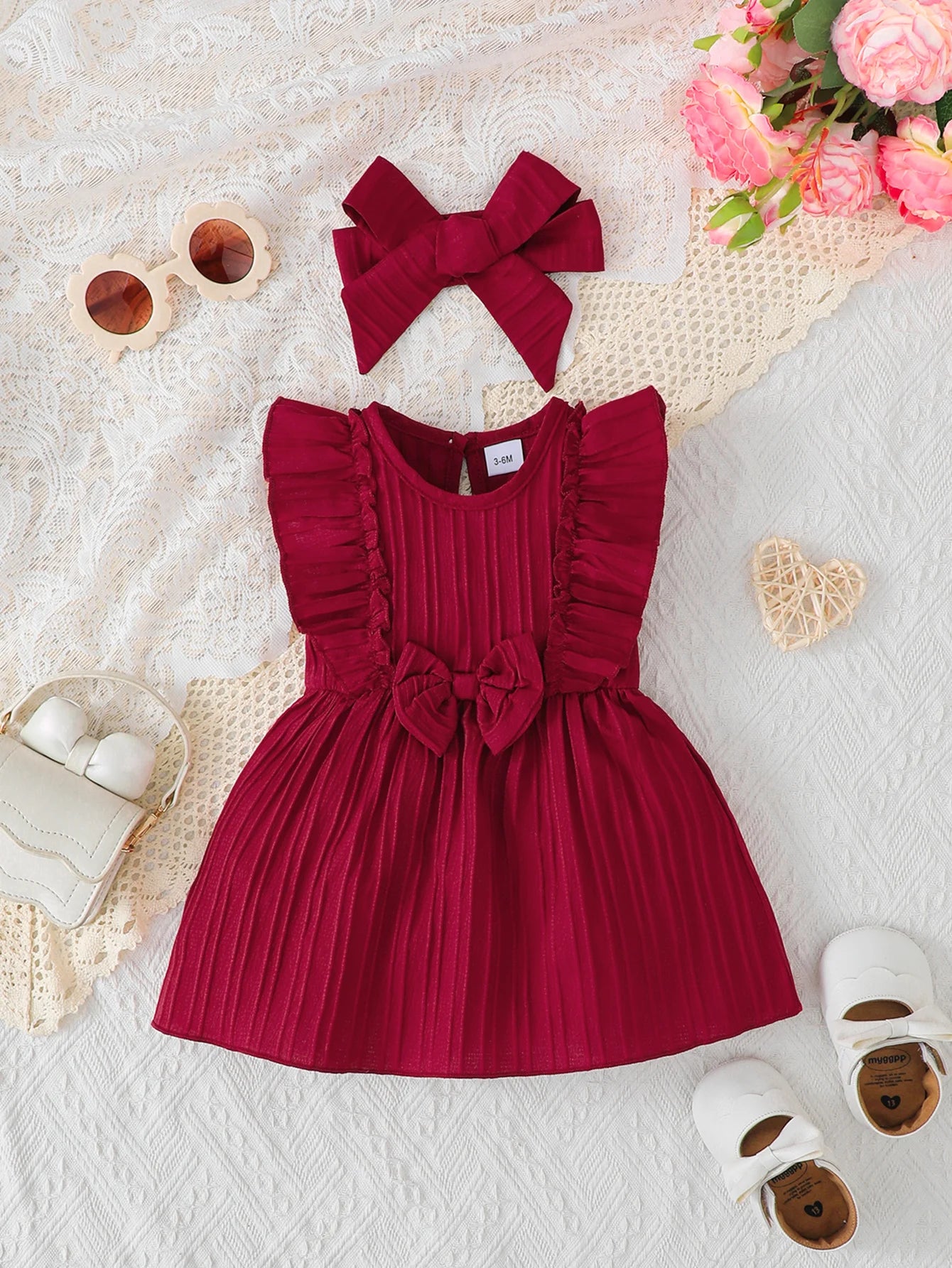 Scarlett Bow Pleated Baby Girl Dress & Headband Set