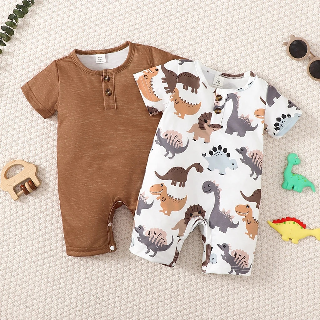 2-Piece Baby Boy Romper Set | Dinosaur & Solid Summer Bodysuits
