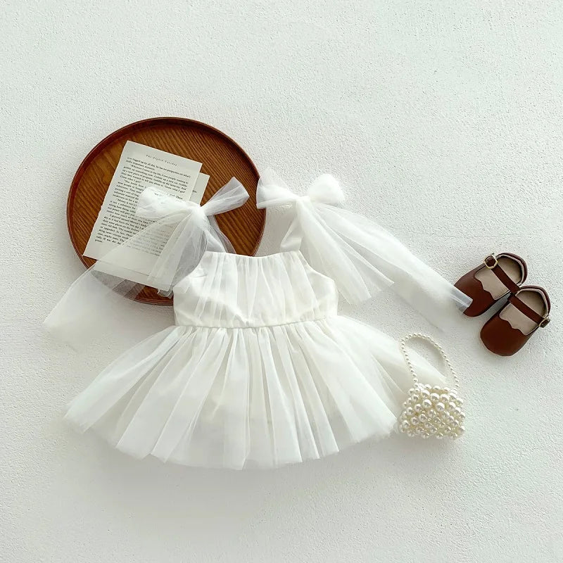 Baby Girl Tulle Party Romper Dress | Bow Shoulder Princess Outfit